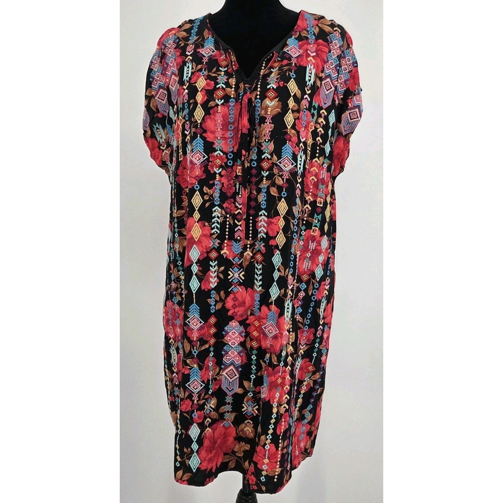 Savanna Jane Floral Aztec Print Dress Large Black Embroidered Shift Dress